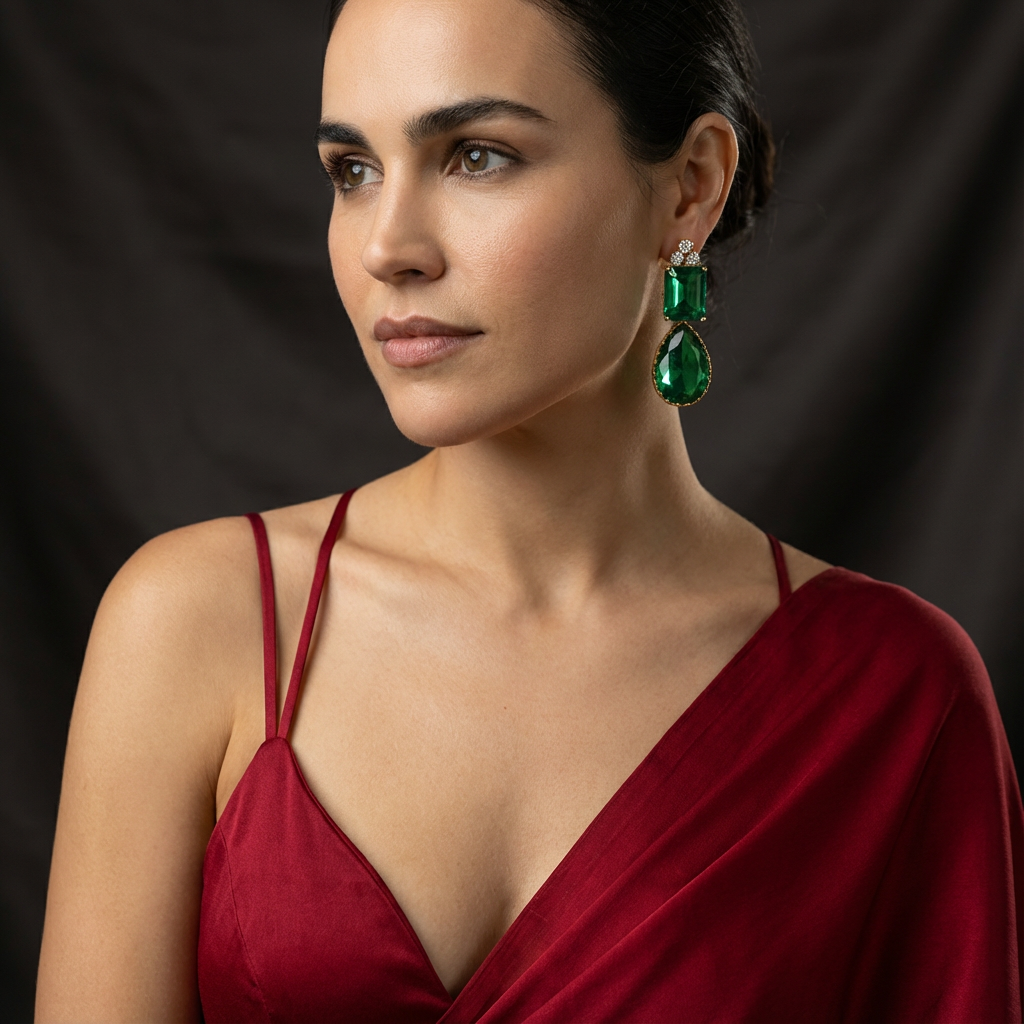Verde duo drop earrings – stone detail close-up by Ozel