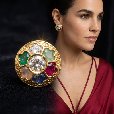 Chroma Halo Studs with multicoloured gemstone halos and lustrous gold setting by Ozel