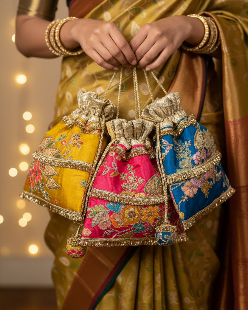Set of Anusha potli bags with embroidery and handmade tassels — Ozel