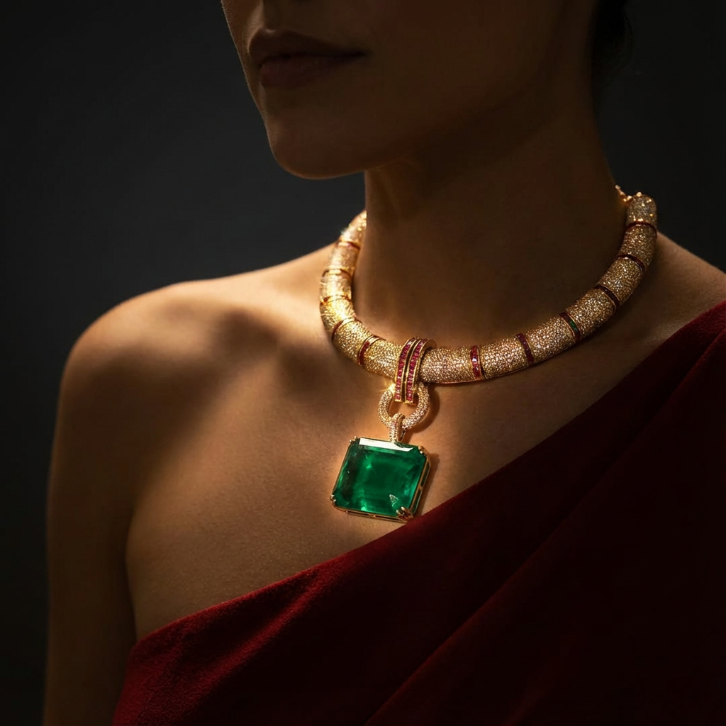 Camellias emerald link necklace set – emerald link detail by Ozel