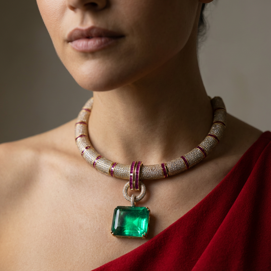 Camellias Emerald Link Necklace Set with floral emerald links and fine goldwork by Ozel