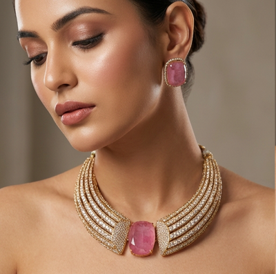 Elara pink necklace set – blush gemstone detail by Ozel