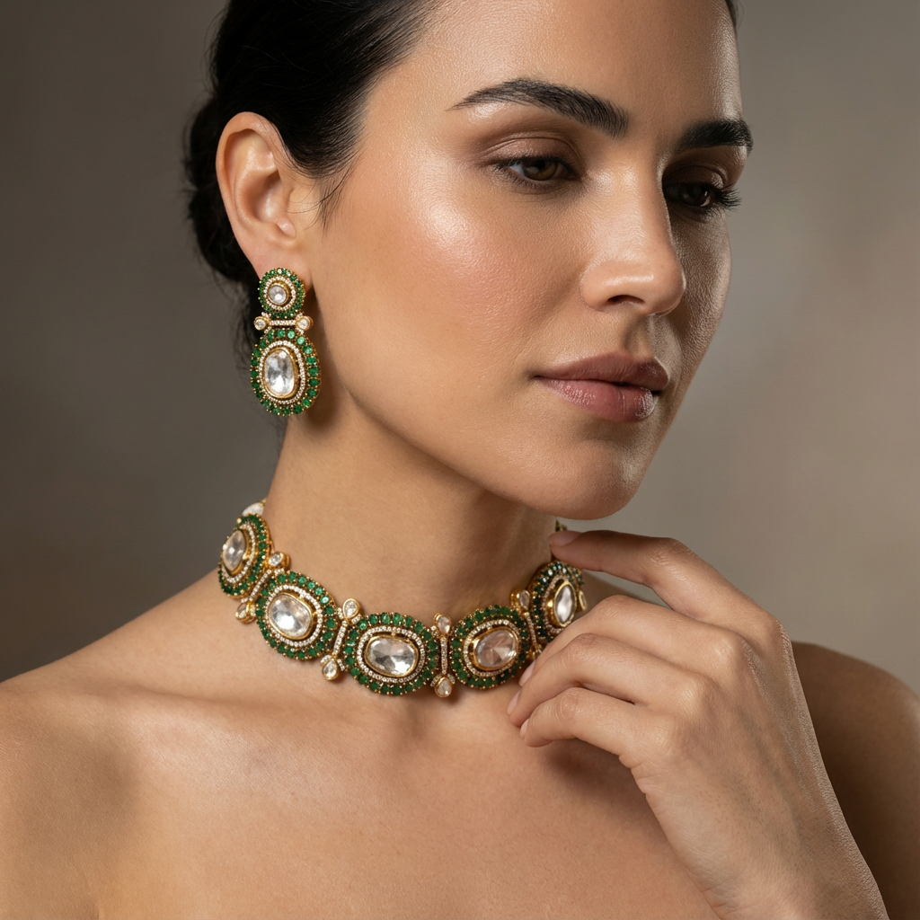 Elowen emerald choker set – emerald stone detail by Ozel