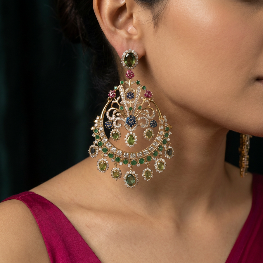 Bagh Vintage Gemstone Earrings with vibrant stones and antique-finish gold garden design by Ozel