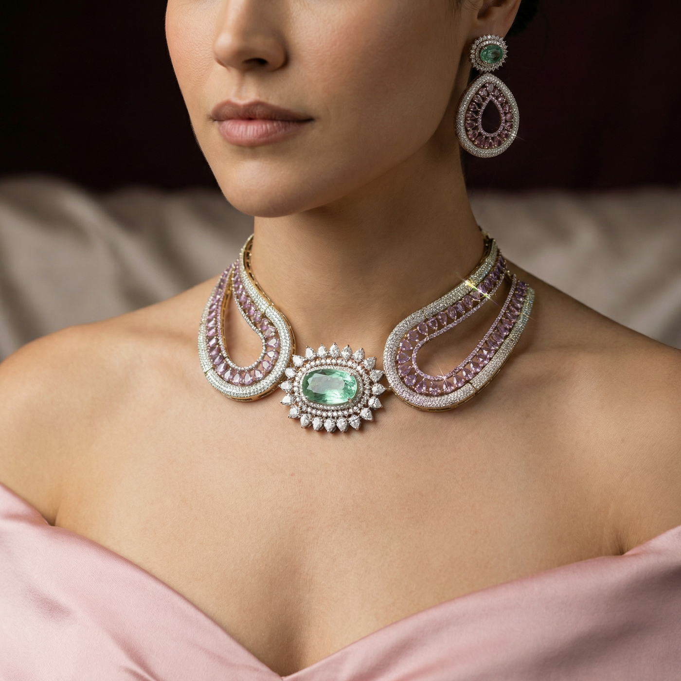 Voyla french choker and earrings set pastel – handcrafted Indian choker by Ozel