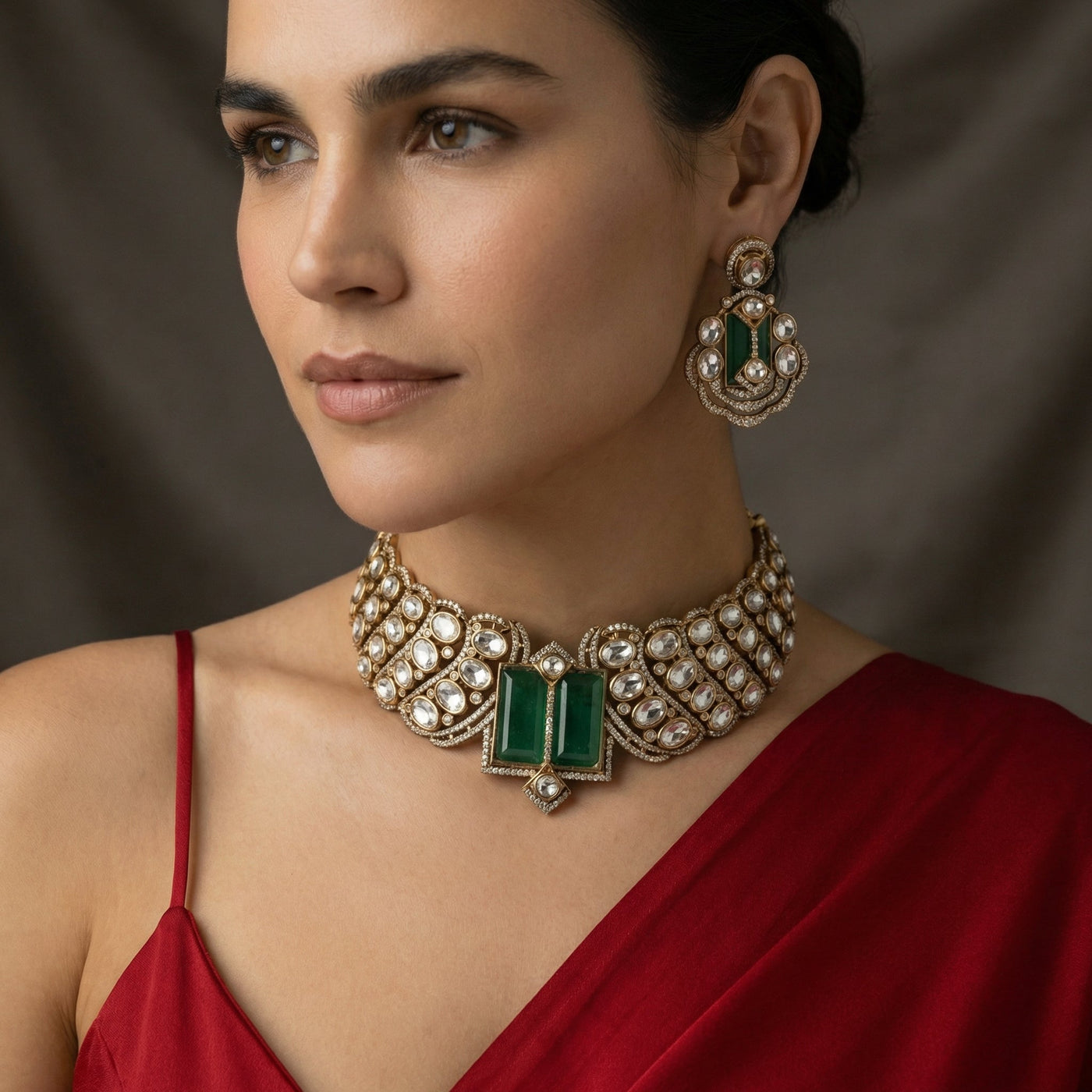 Double emerald choker necklace set – handcrafted Indian emerald choker by Ozel