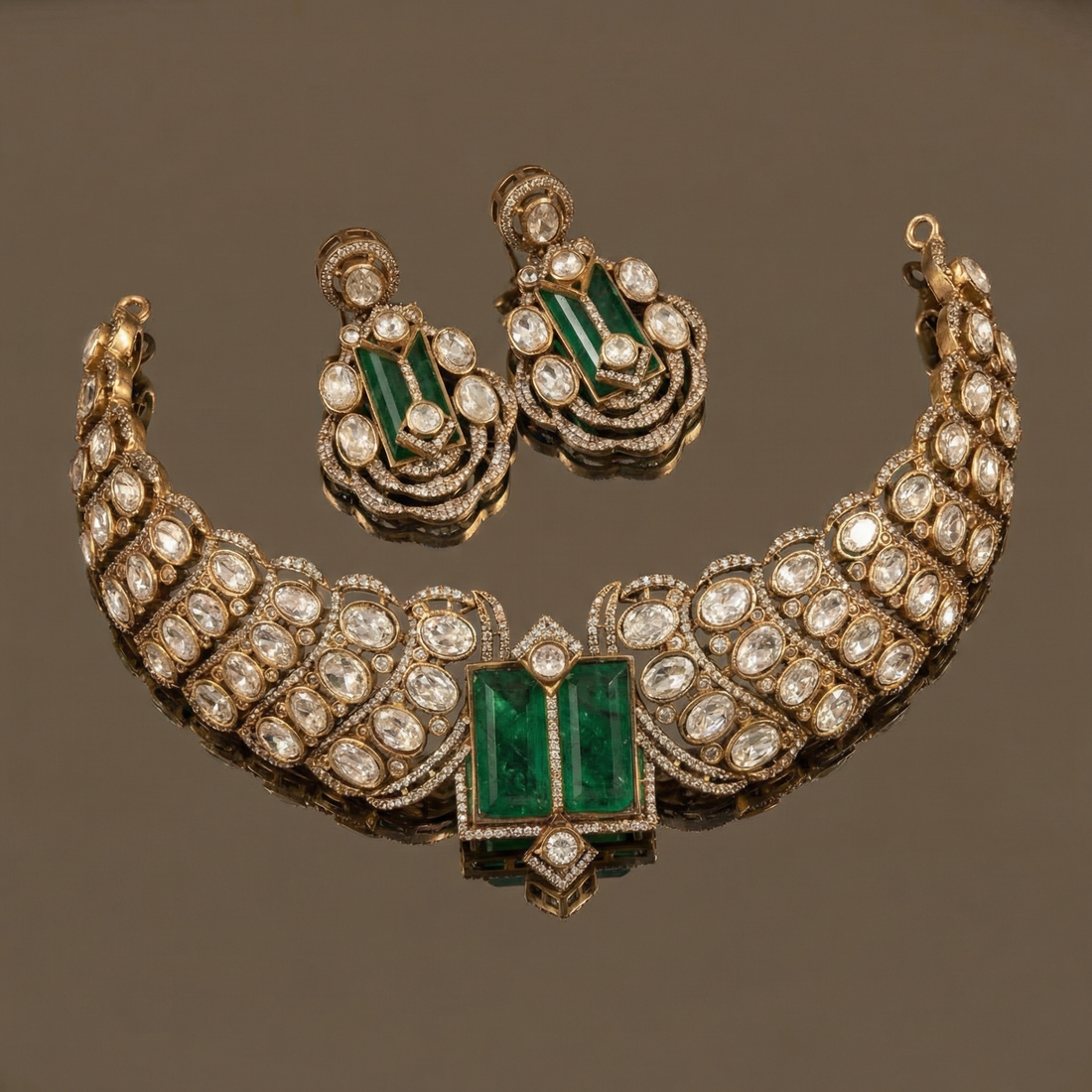 Double emerald choker necklace set – full set with earrings by Ozel