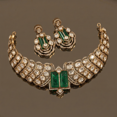 Double emerald choker necklace set – full set with earrings by Ozel