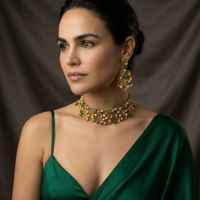 Florea emerald choker necklace set – emerald detail close-up by Ozel