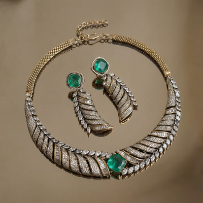Aarohi mint baguette leaf necklace set – leaf motif detail by Ozel
