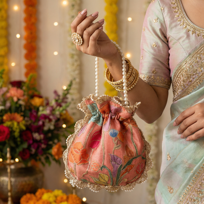 Rosé jardin potli bag – handcrafted floral potli bag by Ozel