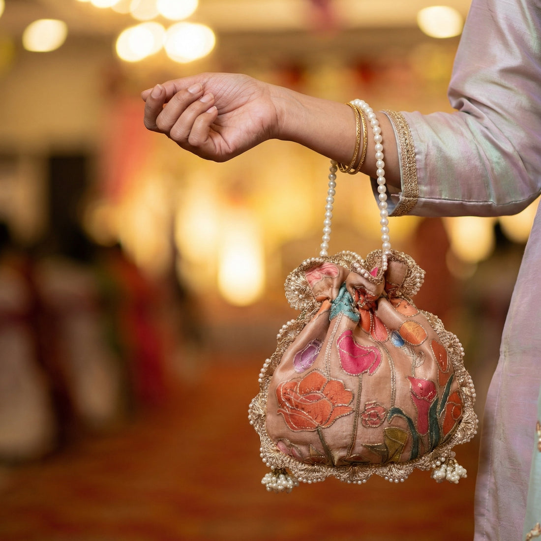 Sepia bloom potli bag – styled bag view by Ozel