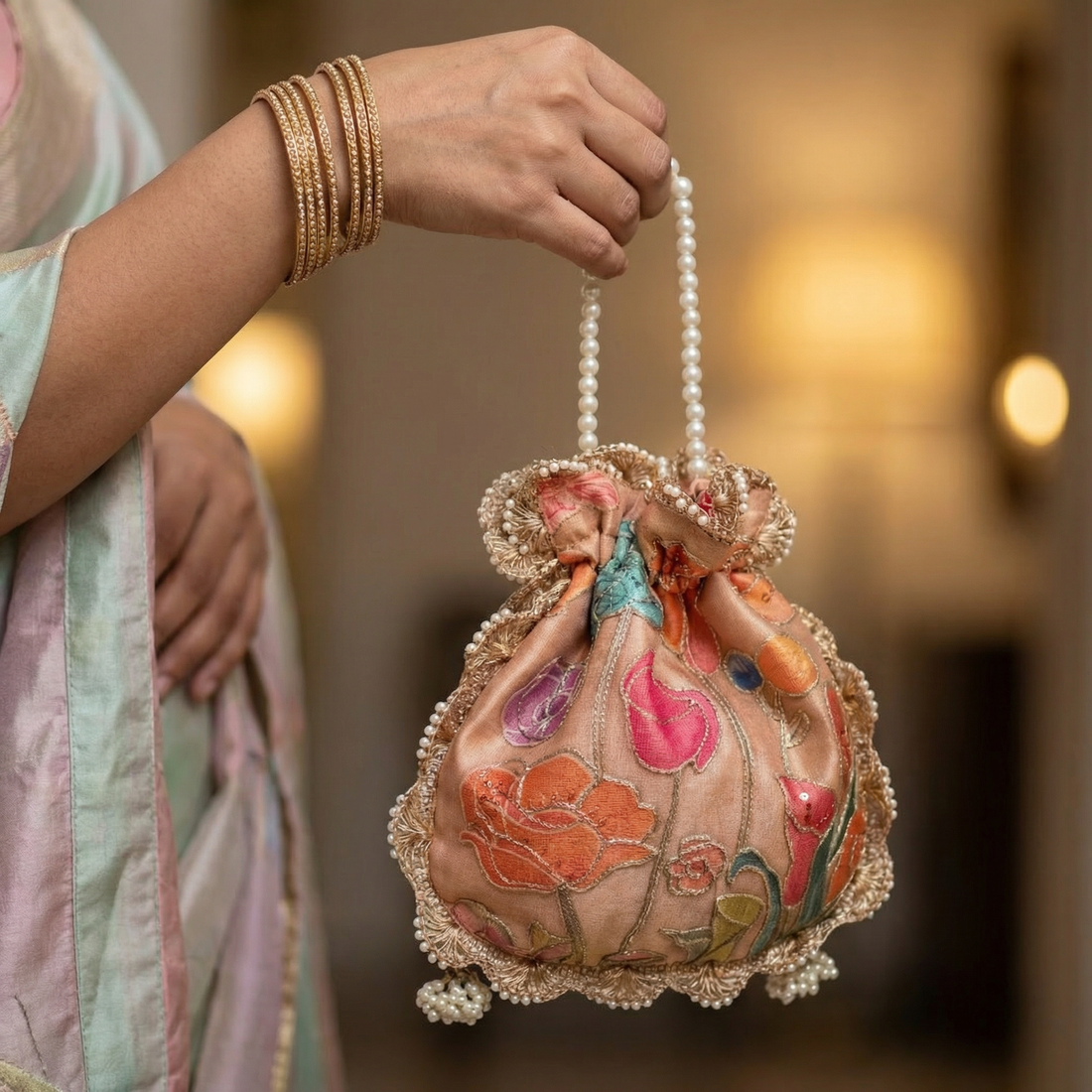 Sepia bloom potli bag – handcrafted sepia floral potli bag by Ozel