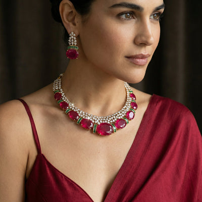 Rajkumari ruby and emerald bridal heirloom necklace set — Ozel