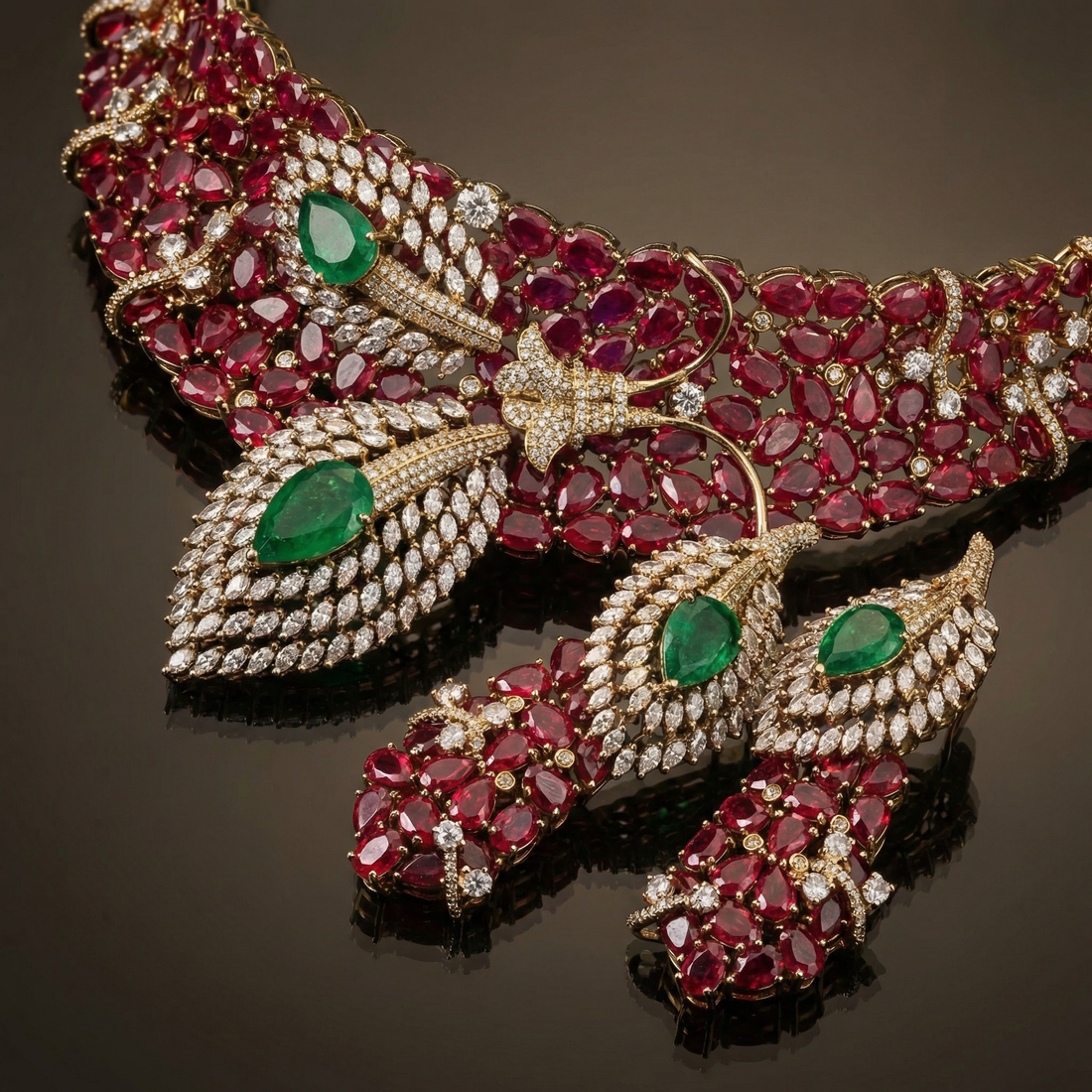 Dual leaf ruby designer necklace set – kundan accent detail by Ozel