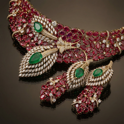 Dual Leaf Ruby Designer Necklace Set