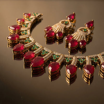 Ziva Drop Necklace Set Ruby – artisan Indian jewelry by Ozel