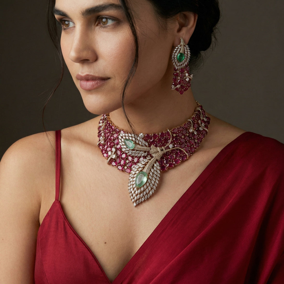 Dual Leaf Ruby Designer Necklace Set