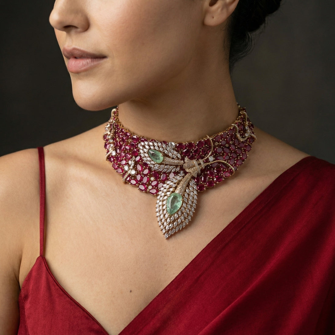 Dual Leaf Ruby Designer Necklace Set