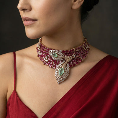 Dual Leaf Ruby Designer Necklace Set