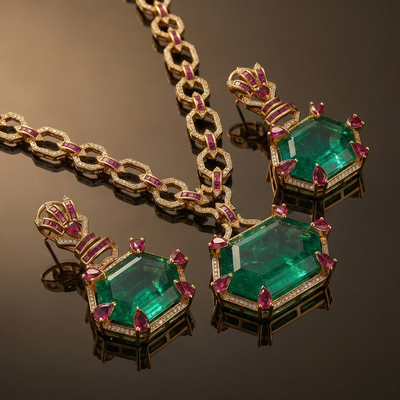 Hexagonal Emerald Pendant Set – geometric Indian jewelry by Ozel