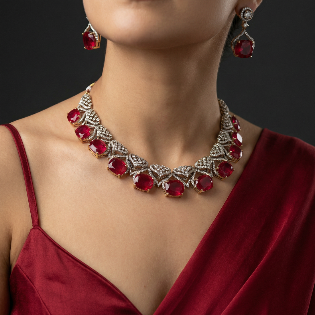Ruby Grid Necklace Set with geometric ruby pattern and fine heritage Indian gold setting by Ozel