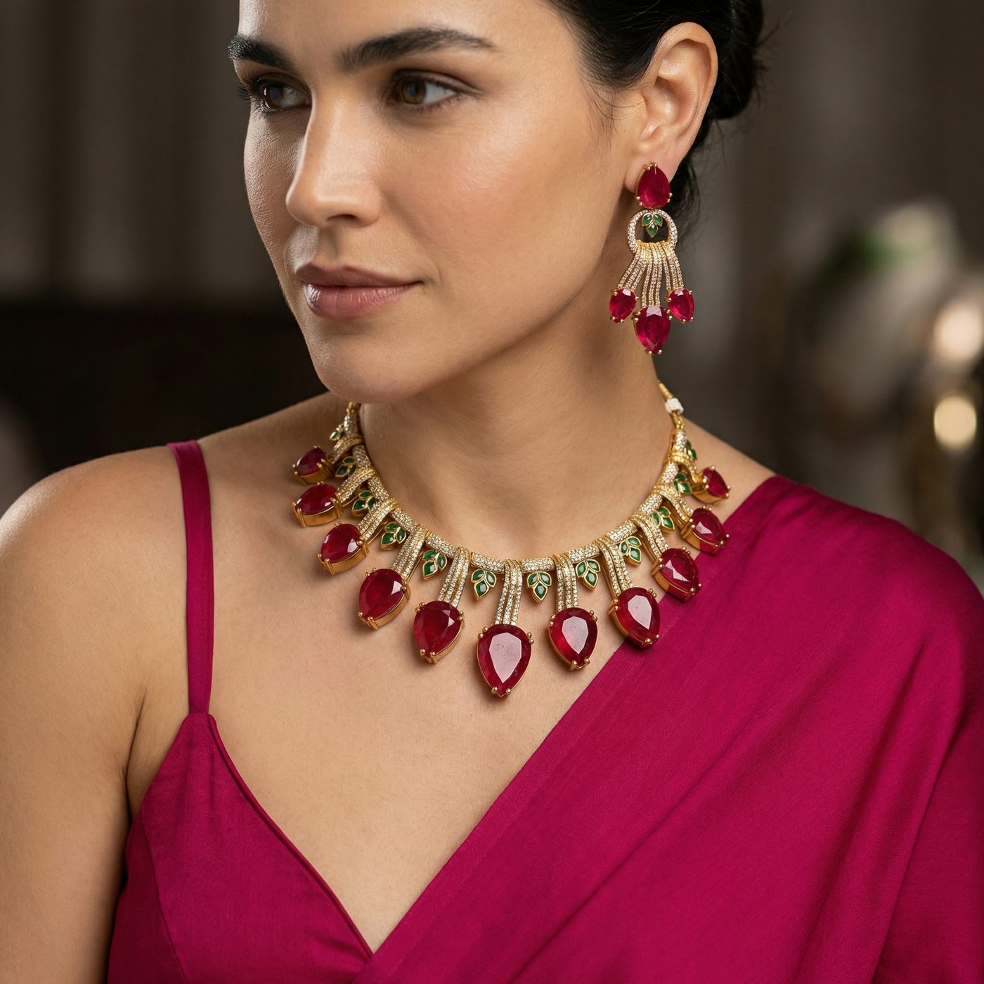 Ziva Drop Necklace Set Ruby – handcrafted ruby drop necklace by Ozel