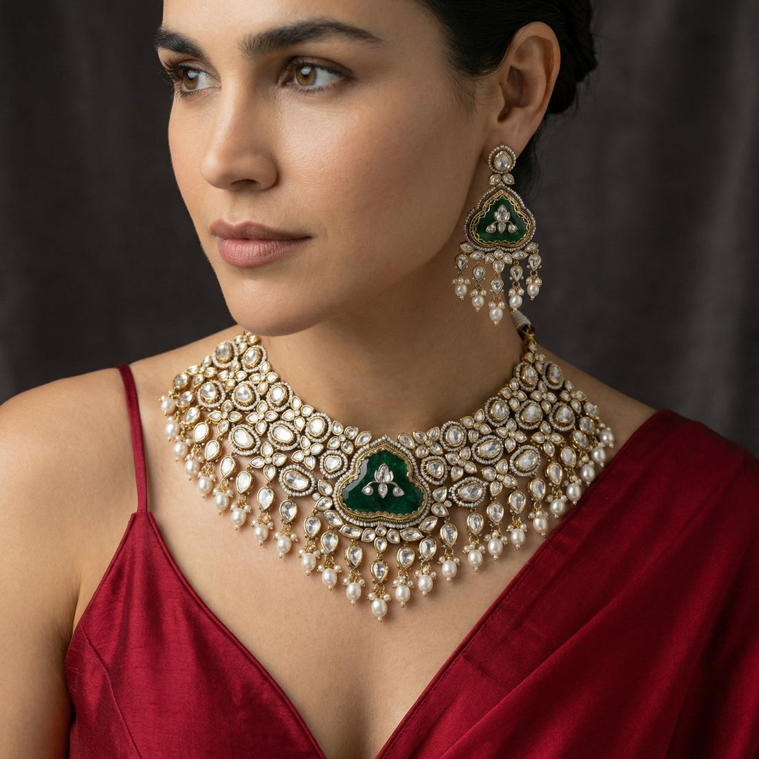 Aarya Noor kundan necklace and earring set with pearl droplets