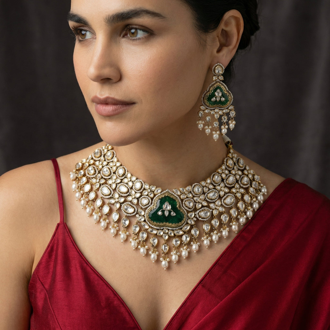 Aarya Noor kundan necklace and earring set with pearl droplets