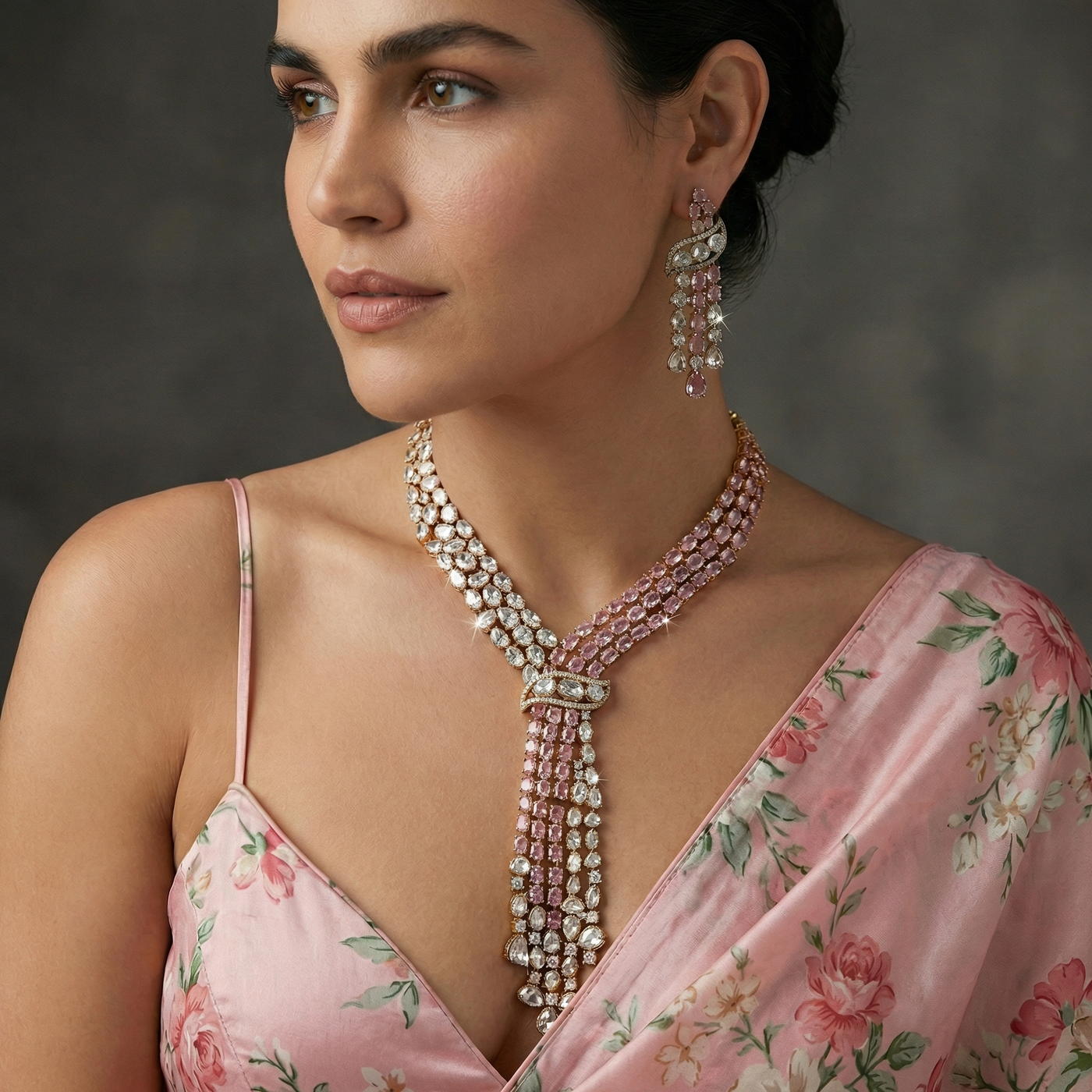 Iyla Pink Cascade Necklace Set – handcrafted pink cascade necklace by Ozel