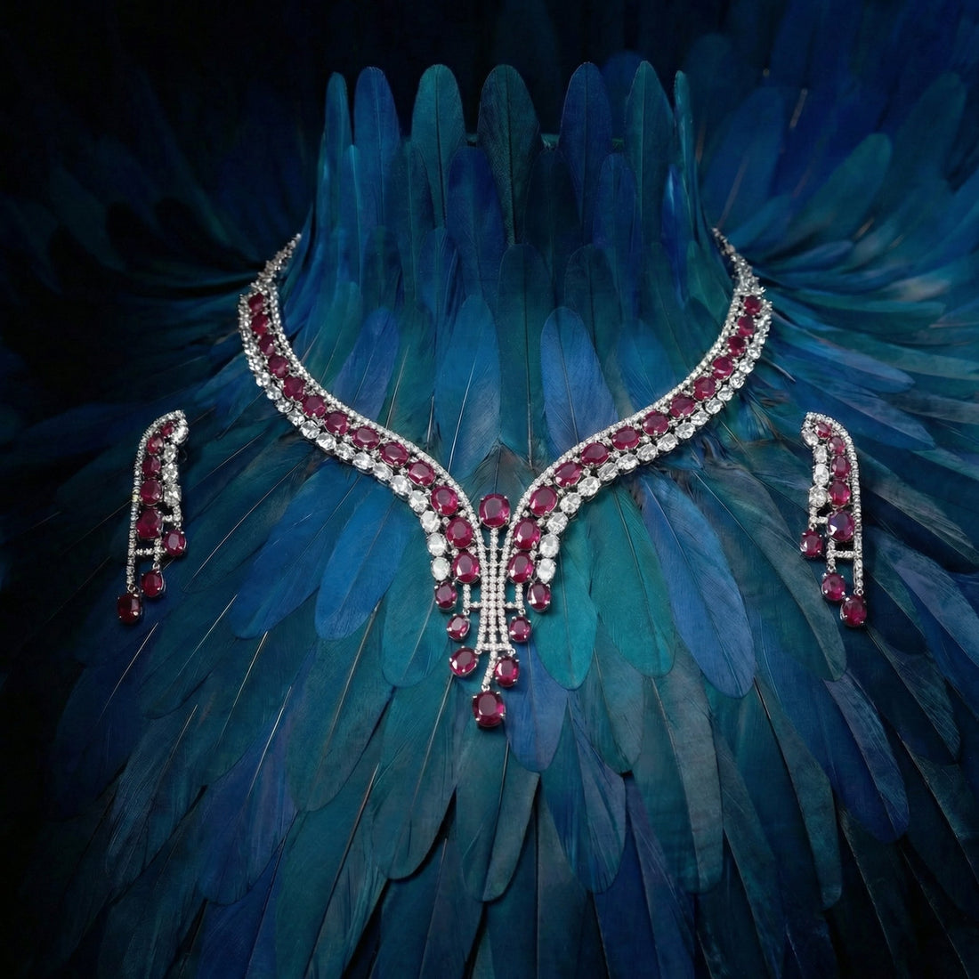 Ruby Cascade Royale Necklace Set – vibrant royal Indian necklace by Ozel