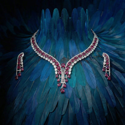 Ruby Cascade Royale Necklace Set – vibrant royal Indian necklace by Ozel