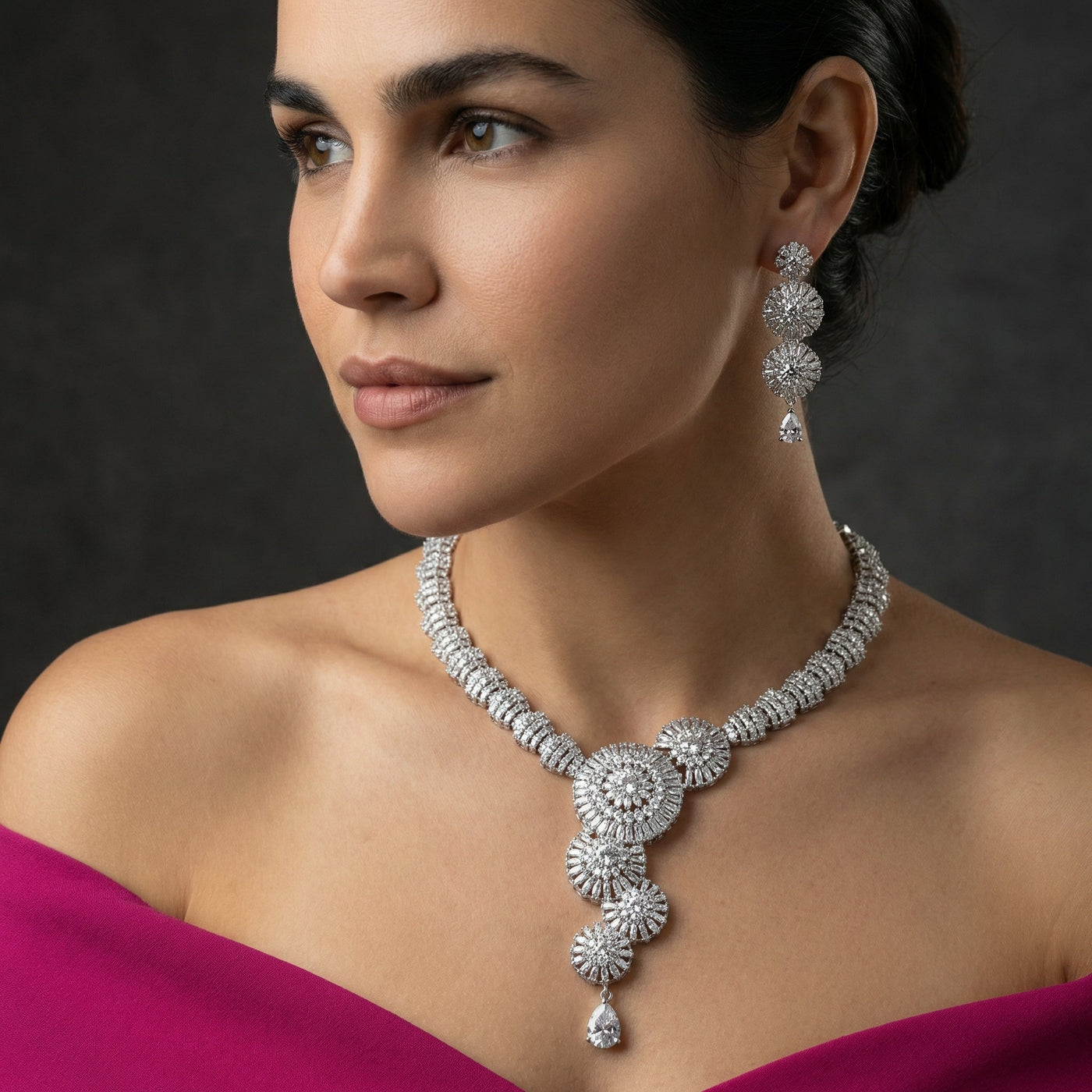Sunburst AD Necklace Set with radiant American Diamond sparkle and gold-tone setting by Ozel