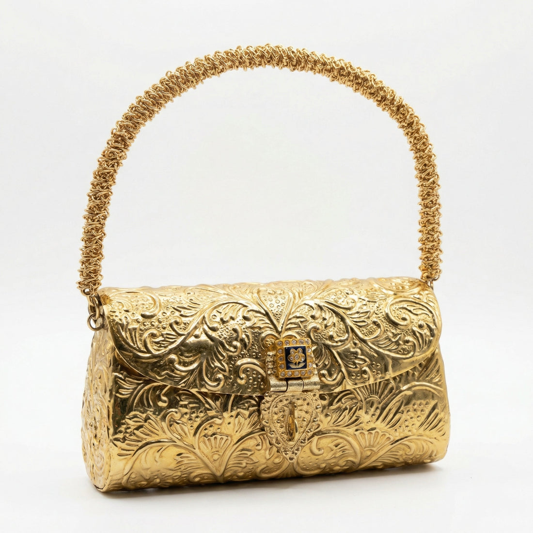 Carved heritage golden clutch bag – handcrafted metal clutch by Ozel