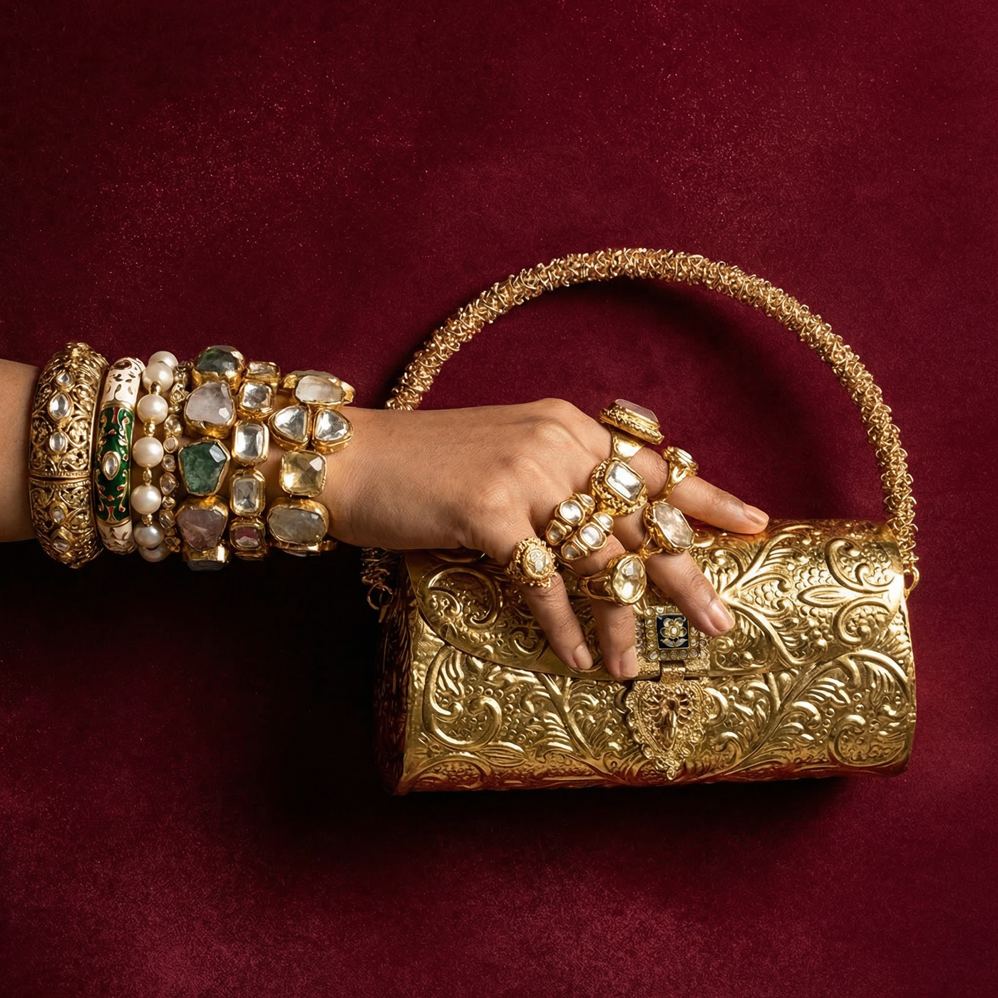 Carved heritage golden metal clutch bag — Ozel