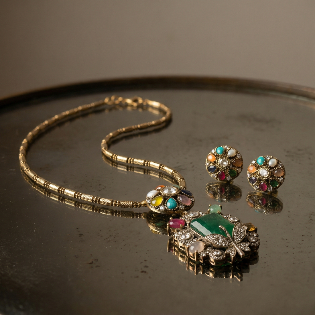 Navratna Royale Butterfly Pendant Set