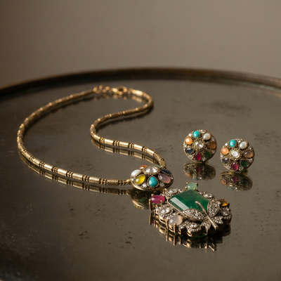 Navratna Royale Butterfly Pendant Set