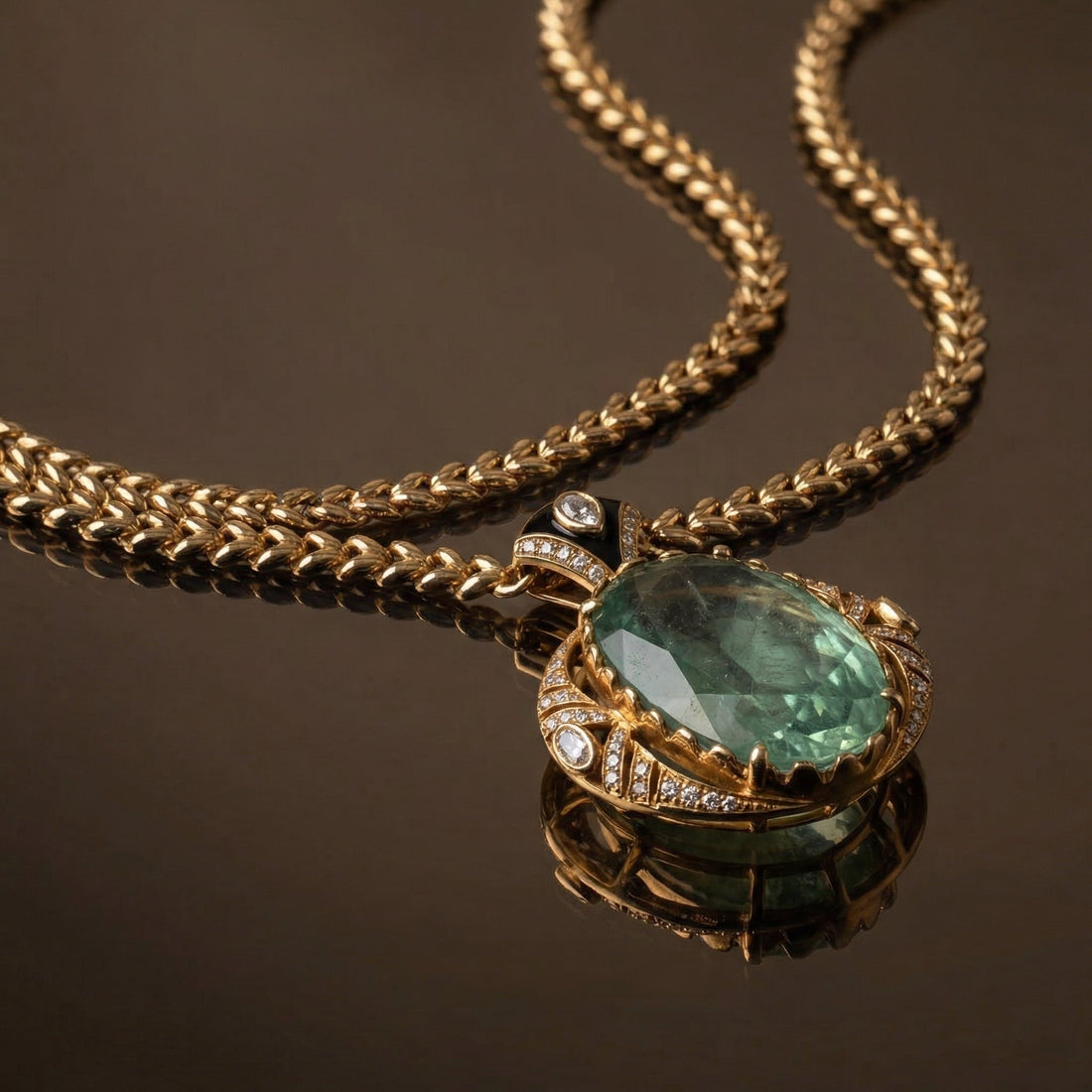 Sage Aura pendant necklace set in delicate heritage craft — statement jewellery by Ozel