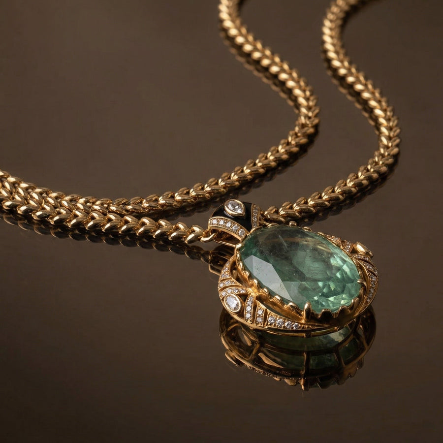 Sage Aura pendant necklace set in delicate heritage craft — statement jewellery by Ozel