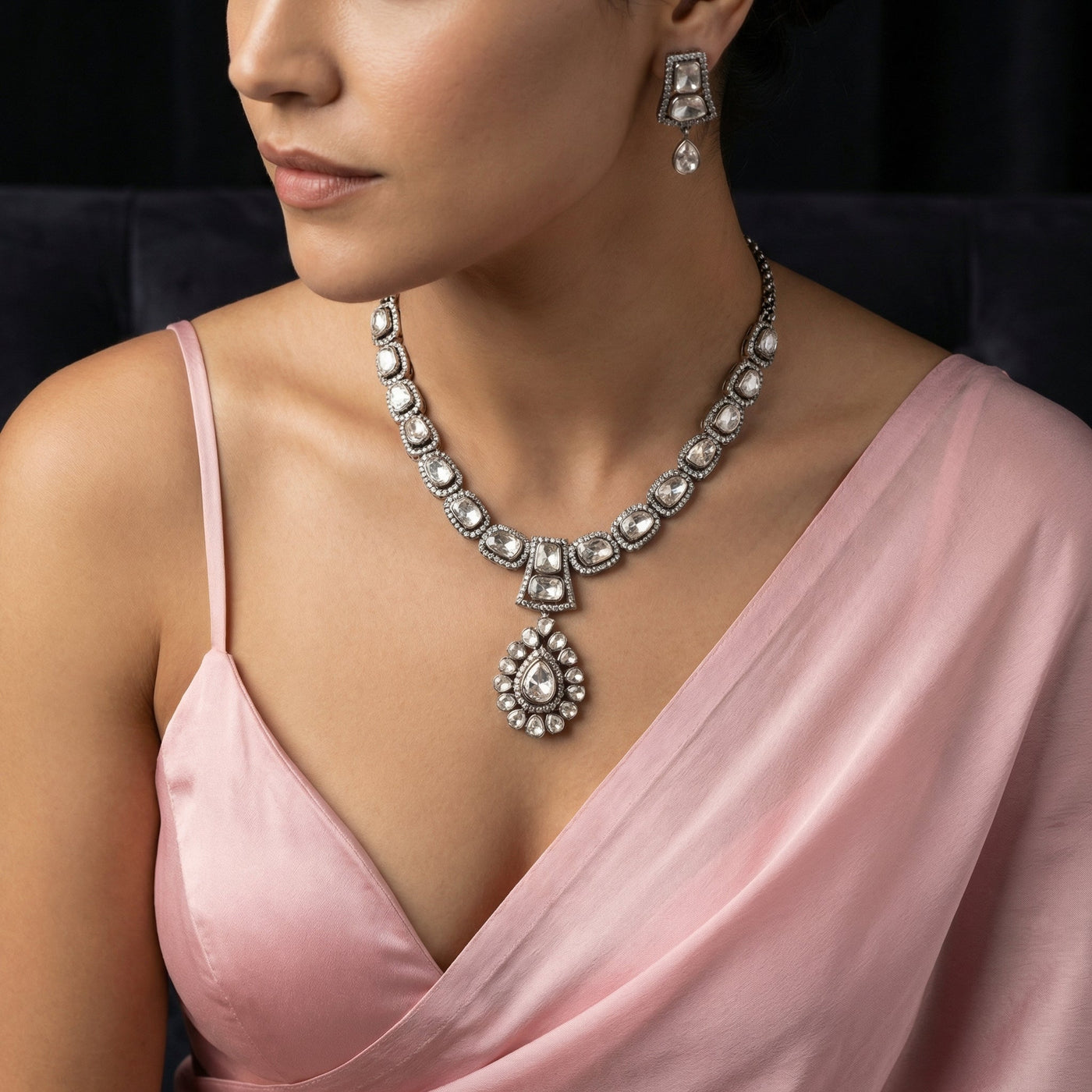 Noorika Polki Drop Necklace Set – polki diamond drop necklace by Ozel