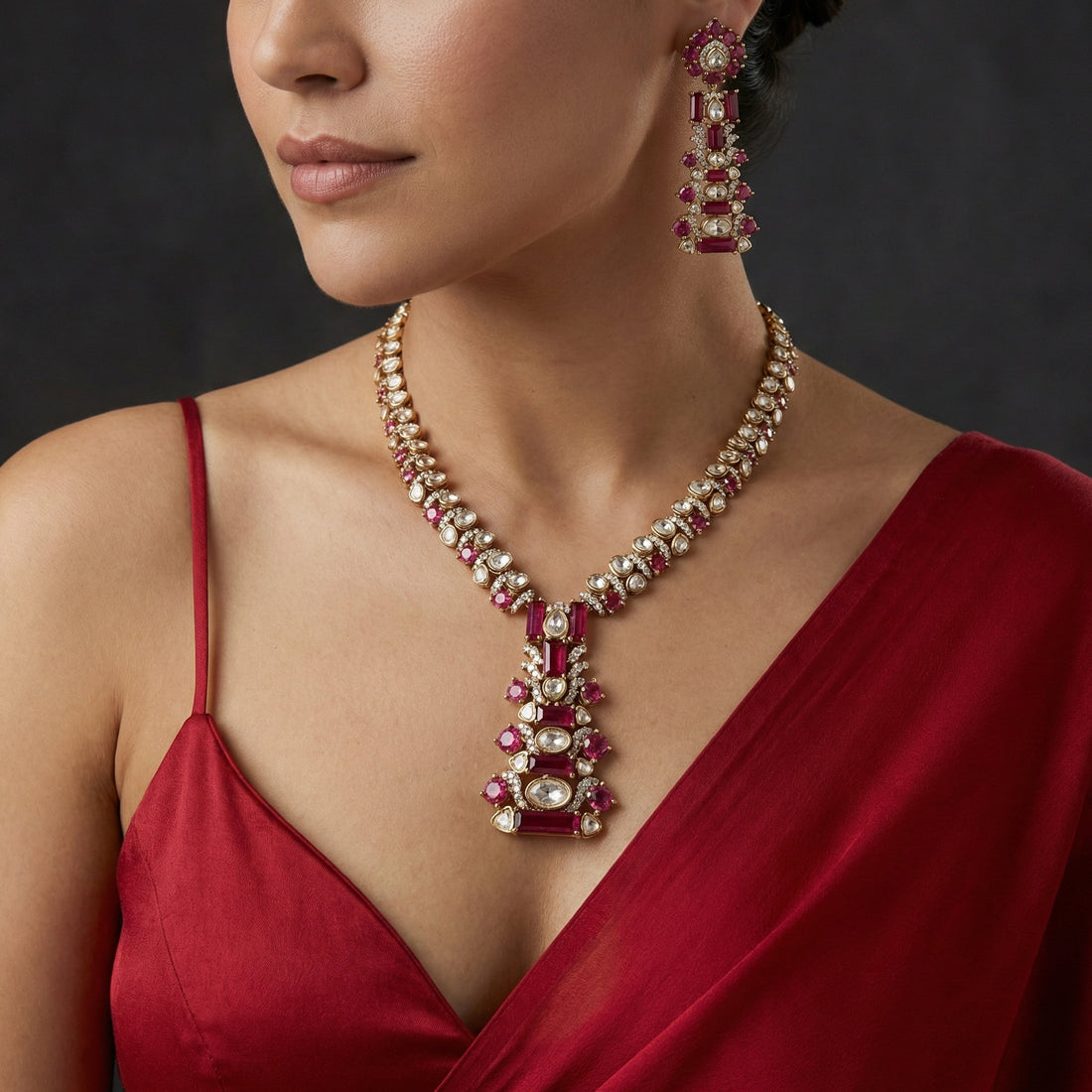 Saundarya Ruby Baguette Necklace Set – ornate ruby necklace by Ozel