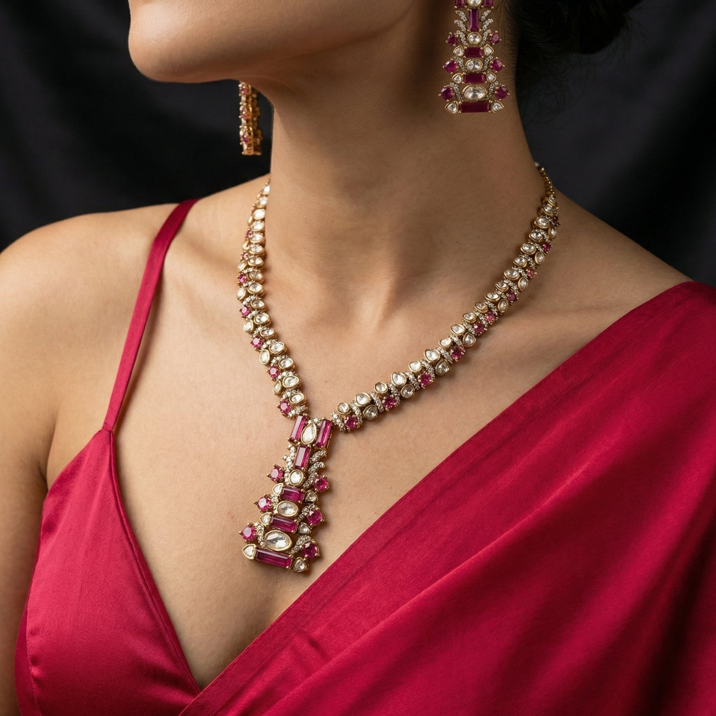 Saundarya Ruby Baguette Luxury Necklace Set – ruby baguette necklace by Ozel