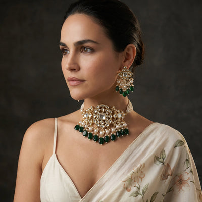 Zarvaya Polki Emerald Pearl Choker Set – ornate emerald pearl set by Ozel