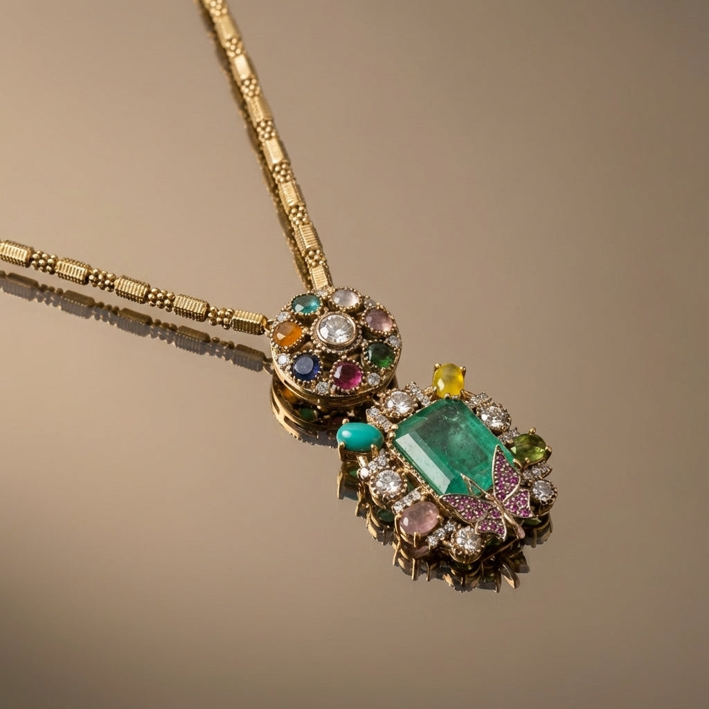 Navratna Royale Butterfly Pendant Set