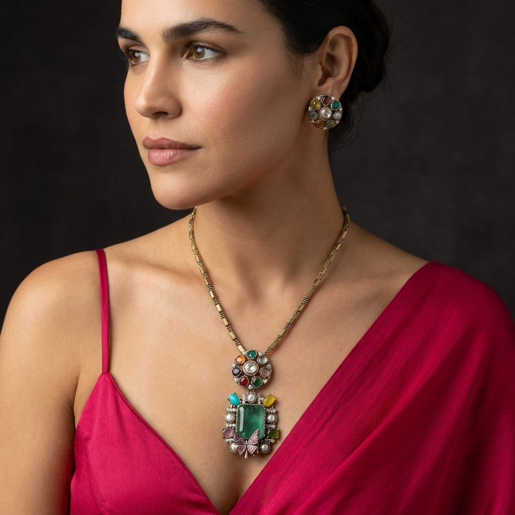 Navratna Royale Butterfly Pendant Set – handcrafted navratna pendant by Ozel