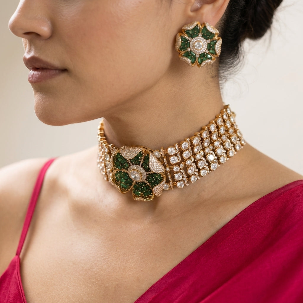 Polki choker set with emerald blossom centerpiece and matching stud earrings — Ozel