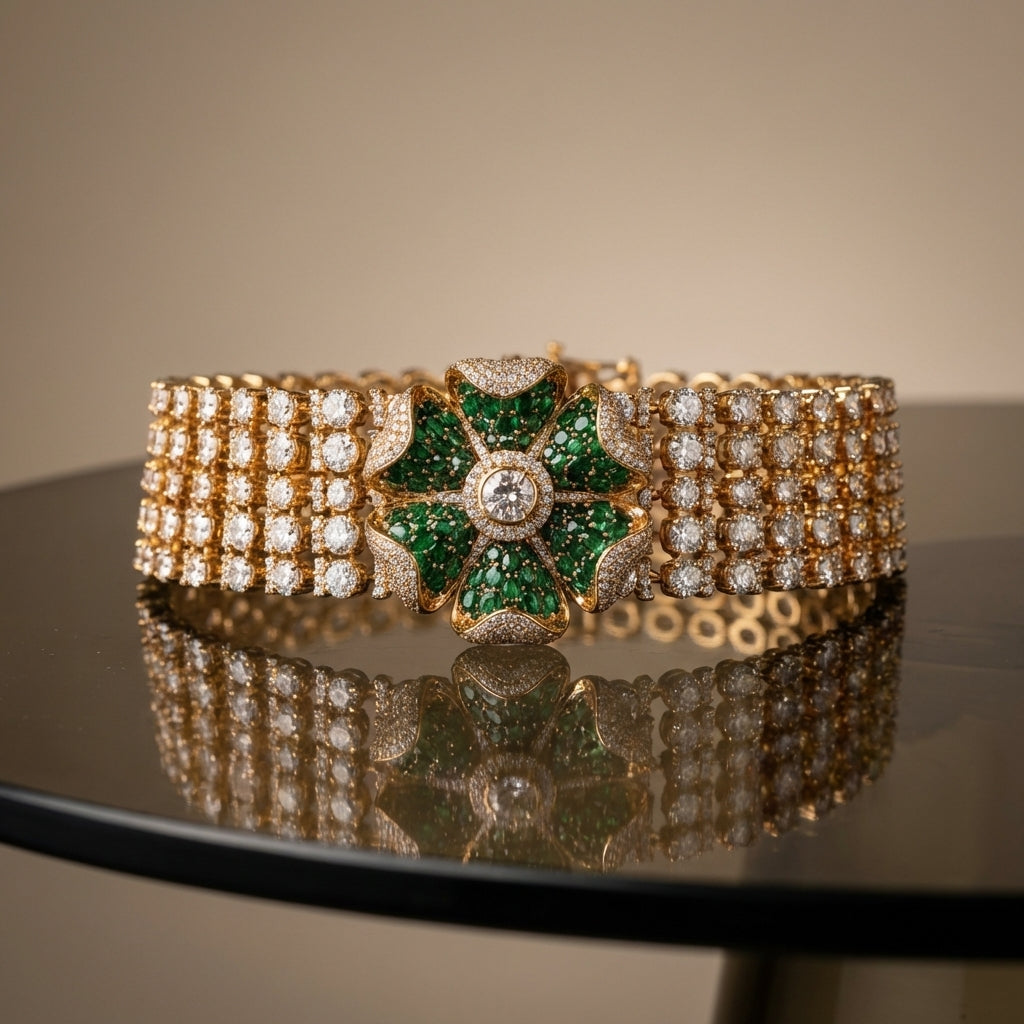 Polki choker set with emerald blossom centerpiece and matching stud earrings — Ozel