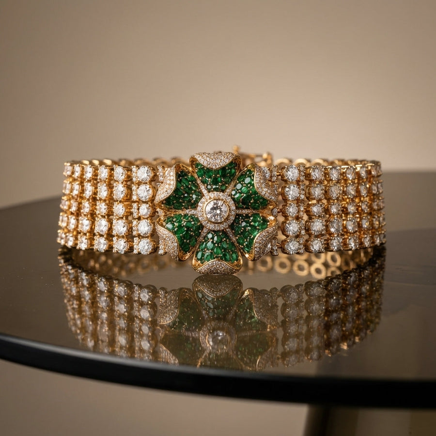 Polki choker set with emerald blossom centerpiece and matching stud earrings — Ozel