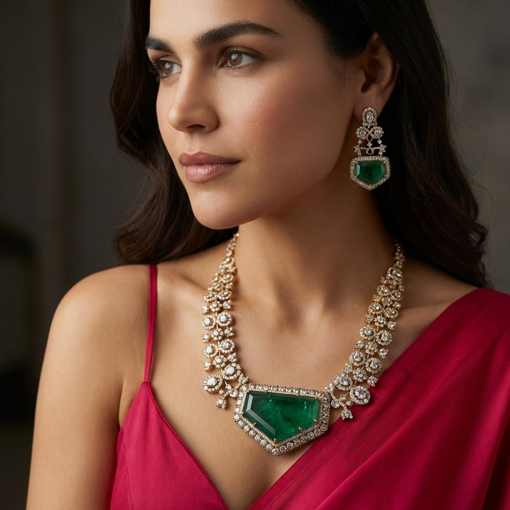 Parveen emerald pendant necklace set with polki border