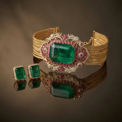 Rajvansh emerald regal choker set with kundan and pearl droplets